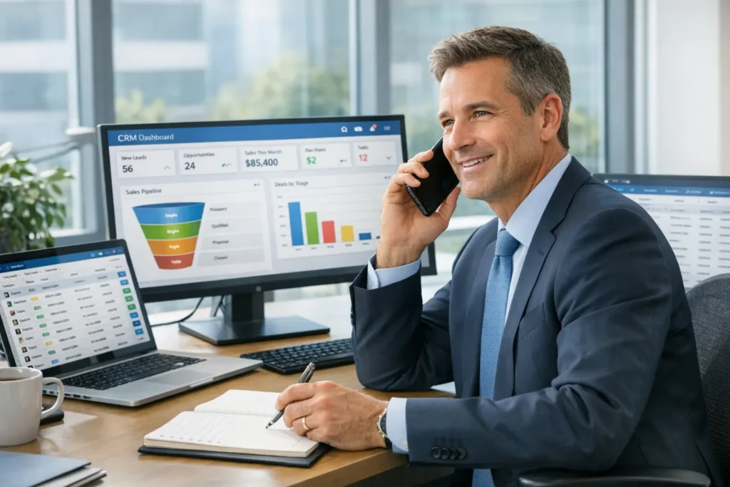 Geschäftsmann am Telefon mit CRM-System für erfolgreiche Neukundenakquise